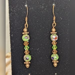 Cloisonne, Crystal, and Copper Dangle Earrings
